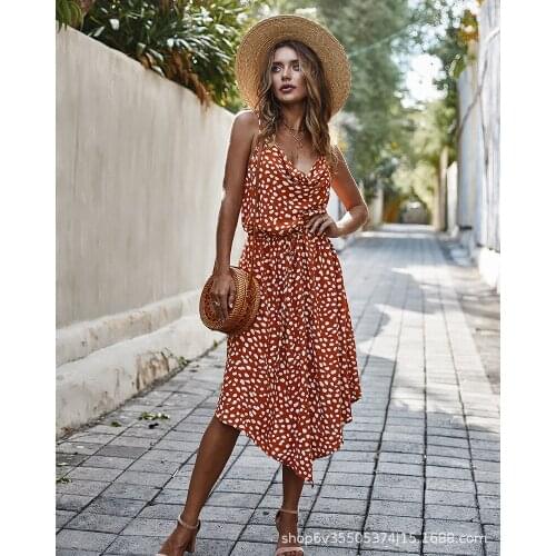 Woman New Sexy Holiday Wind Print Dress Sling V-neck Sleeveless Backless Calf Split Beach Strap Dresses Lady Party Clothing