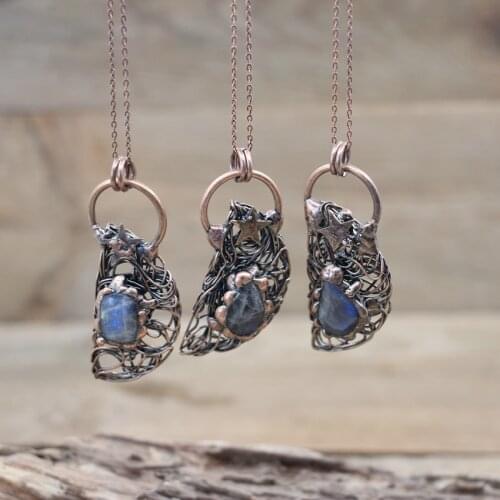 Antique Copper Moon Star Labradorite Pendants Necklace,Natural Stone Crescent Magic Meditation Chains Retro Jewelry,QC3031
