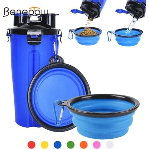 Benepaw Portable Multifunctional Dog Food Water Bottle 2 In 1 With Foldable Bowl 7 Color Food Grade Drinking Pet Dog Feeder Cat