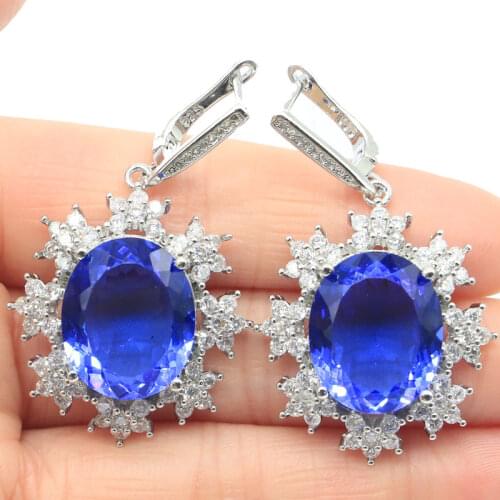 43x28mm Anniversary Created Tanzanite Bright Zircon For Womans European Style Silver Earrings Eye Catching