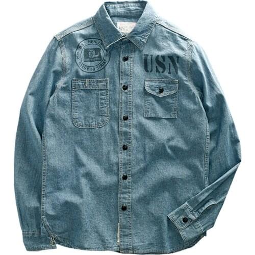 American Retro Military Style Long Sleeve Personalized Printed Shirt Mens Fashion Washed Old Light Blue Denim Tooling Blouses