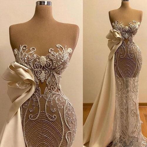 Sexy Strapless Evening Dress See Through Luxury Beading Crystal Prom Gowns 2020 Abendkleider Backless Mermaid Pageant Dress