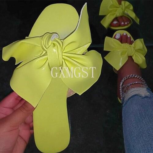 Slippers Shoes Women Summer PU Leather Ladies Bow Slides Fashion Outside Outdoor Indoor Female Shoes Summer Woman Flat Slipper