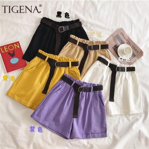 TIGENA Elastic High Waist Cotton Shorts Women 2021 Summer Korean Casual School Short Pants Women Yellow Purple Shorts Female