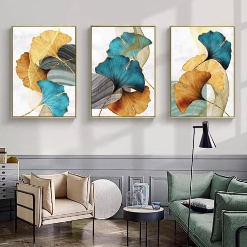 Nordic Abstract Blue Green Yellow Gold Plant Leaves Posters and Prints Wall Art Canvas Painting Pictures Decoration Room Decor