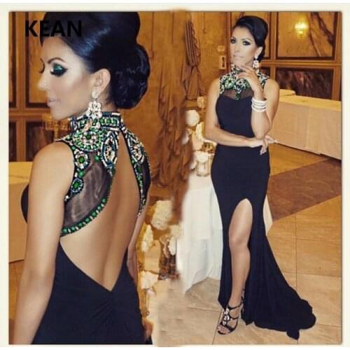 Slit Evening Dress Hi-Neck Cap Sleeve Mermaid Backless Crystals Beads vestidos Islamic Dubai Kaftan Saudi Arabic Prom Dress