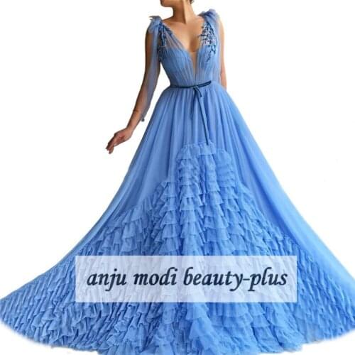 2020 Long Tulle Tiered V Neck Evening Dresses Dubai Caftan Appliques Sleeveless Formal Evening Party Ball Gowns