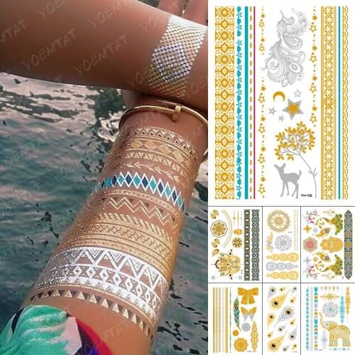 Waterproof Temporary Tattoo Sticker Metal Gold Silver Bracelet Deer Star Moon Flower Flash Tatoo Women Henna Body Art Fake Tatto