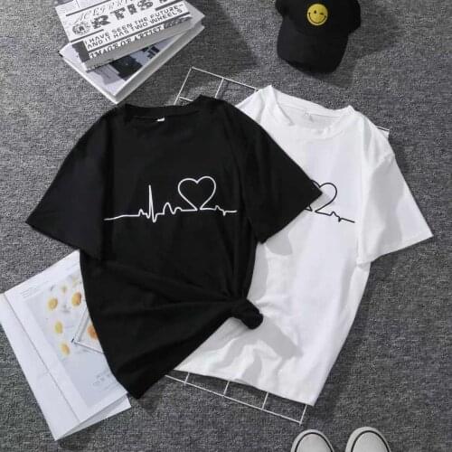Summer Womens Love Heartbeat Graphic Printed T-Shirt O-Neck Short Sleeve Casual Tops Vintage Kawaii Cute Interesting Loose Tee