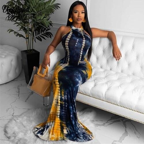 Women Beach Spaghetti Strap Dresses Bodycon Sleeveless Outwear Tie-dyed Print Maxi Dress Casual Long Dresses Vestidos Mujer
