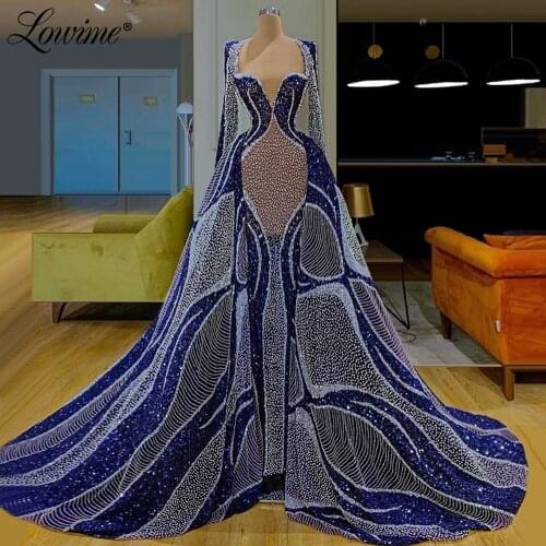 Luxury Royal Blue Glitter Evening Dress Long Prom Dresses Couture 2020 Robe De Soiree Arabic Dubai Middle East Women Kaftans