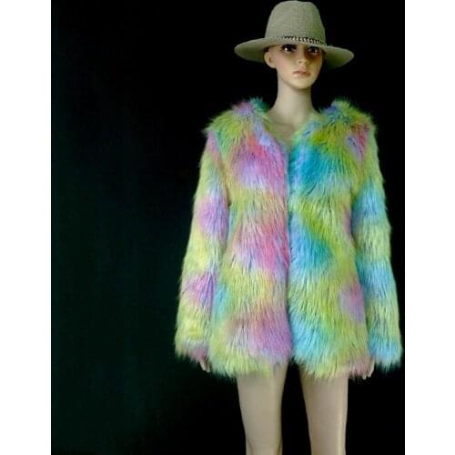 2019 Autumn Winter Women Faux Fur Coat Warm Long Sleeve Rainbow Color Jacket Coat Elegant Lady Coat Female Manteau Femme Hiver