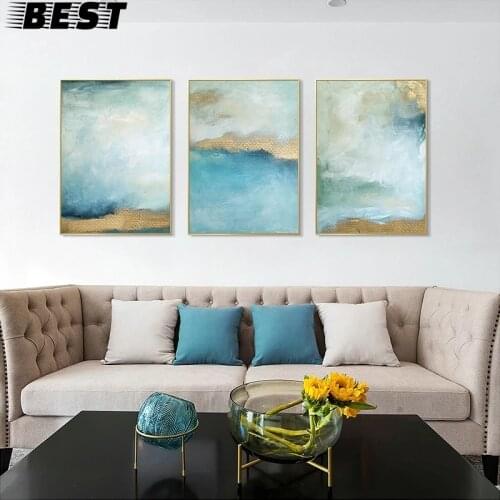 Ocean Abstract Poster Luxury Gloden Teal Wall Art Print Canvas Painting Contemporary Picture Living Room Decoration
