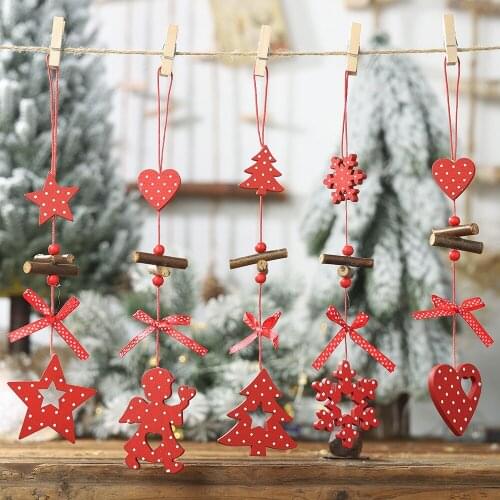 DIY Red Christmas Snowflakes&Star&Christmas Tree Wooden Pendants Ornaments Home Christmas Party Xmas Tree Kids Gifts Decor