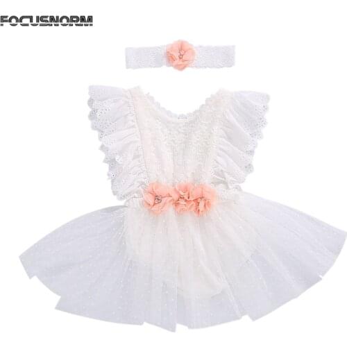 FOCUSNORM 0-24M Princess Infant Baby Girls Rompers Headband Lace Flowers Print Ruffles Jumpsuits 2pcs