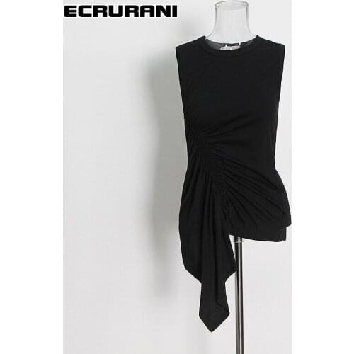 ECRURANI Shirred Sexy T Shirts For Women Crewneck Sleeveless Slimming Asymmetrical Hem Casual T Shirt Female 2021 Summer Clothes