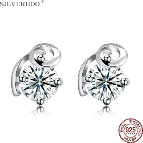 SILVERHOO Geometric 925 Sterling Silver Stud Earrings For Women 5A Clear Cubic Zirconia Small Earring Birthday Gift Fine Jewelry