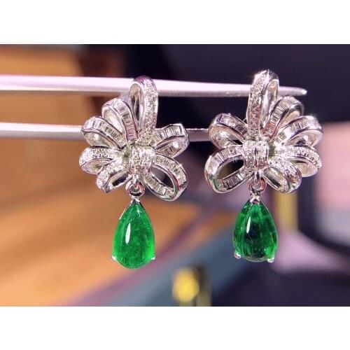 H201 18K Gold AU750 Colombia Origin Green Emerald 0.88ct and 0.83ct Diamonds Female Drop Earrings for Women Fine Earrings