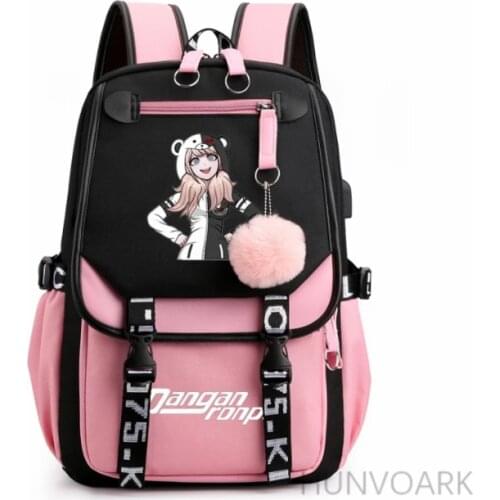 Anime Danganronpa Junko Chain Backpack For Women Men USB Charge Canvas Student Mochilas For Teenagers Boys Girls School Bags