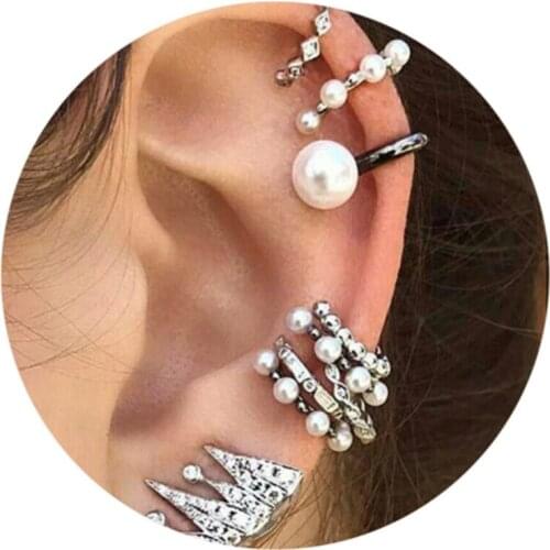 Classic Stud Earrings Circle Crown Imitation Pearl Metal Cuff Earring Set Ear Clip Women Fashion Boho Jewelry