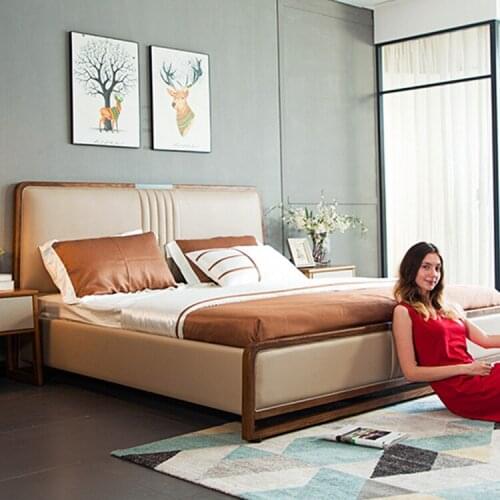Leather solid wood bed modern minimalist top layer cowhide master bedroom bed multi-function double 1.8 m 1.5 m