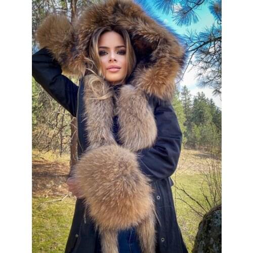 2021 Real Natural Fur Coat Winter Jacket Big Real Raccoon Fur Collar Long Parka Women Raccoon Fur Liner Hooded Parkas