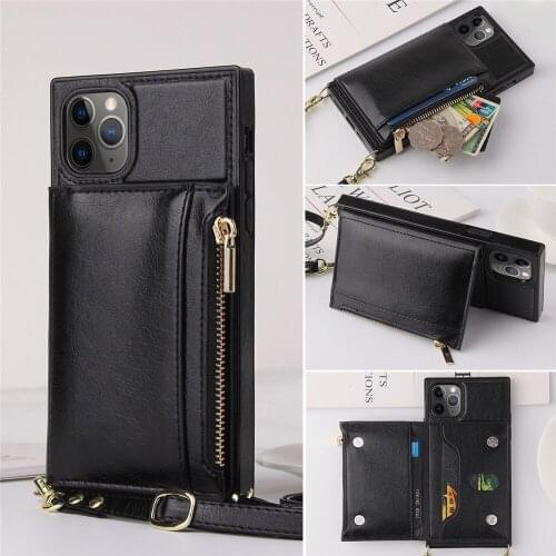 Square Zipper Leather Crossbody Case For iPhone 12 11 Pro MAX XS XR X SE2 6S 8 7 Plus Cover Wallet Card Holders With Long Strap