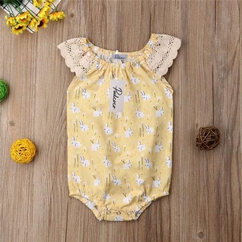 0-18M Summer Baby Girls Cartoon Bodysuits Fashion Lace Sleeveless Jumpsuits Infant Toddler Yellow Playsuits Newborn Clothing