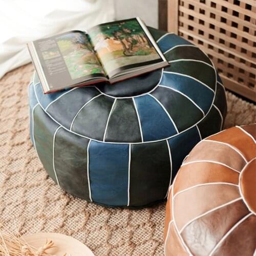 Moroccan PU Leather Pouf Embroider Craft Ottoman Footstool Round Large 50*35cm Artificial Leather Unstuffed Cushion
