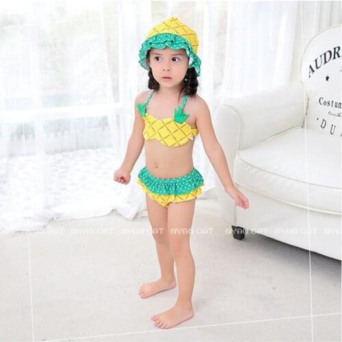 INS cute Girls pineapple swimsuit three piece Kids Beach wear childrens bathing suit Bikini bloomer and hat Free Shipping