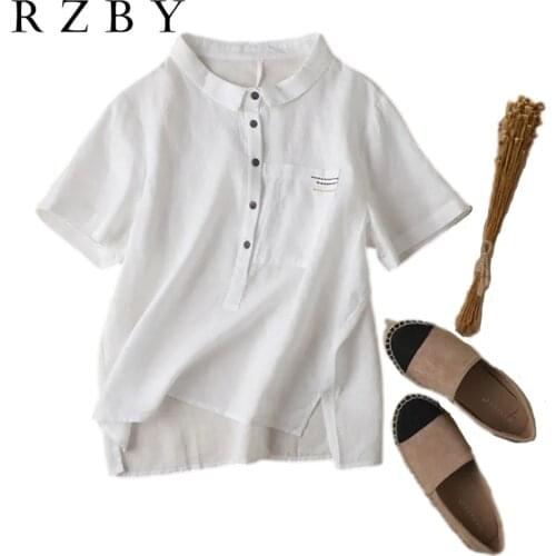 2021 New Summer Tops Embroidery Ladies Blouses Women Pocket All-matched Linen Streetwear Casual Short Sleeve Blusa RZBY467