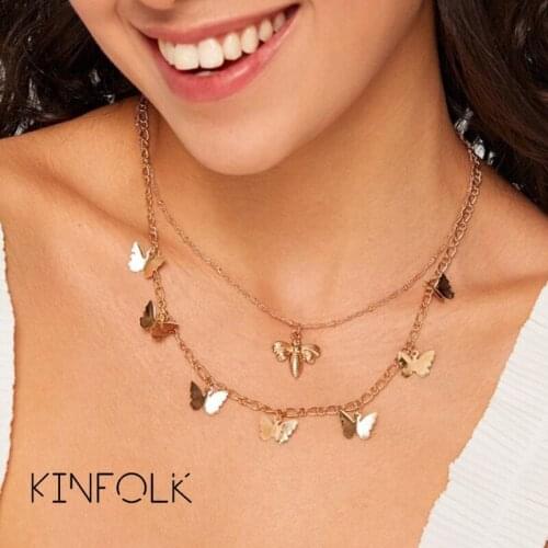 KINFOLK Fashion Gold Butterfly Necklace Chains Layered Necklaces For Women Chocker Chain Personalised Necklace Jewelry 2020