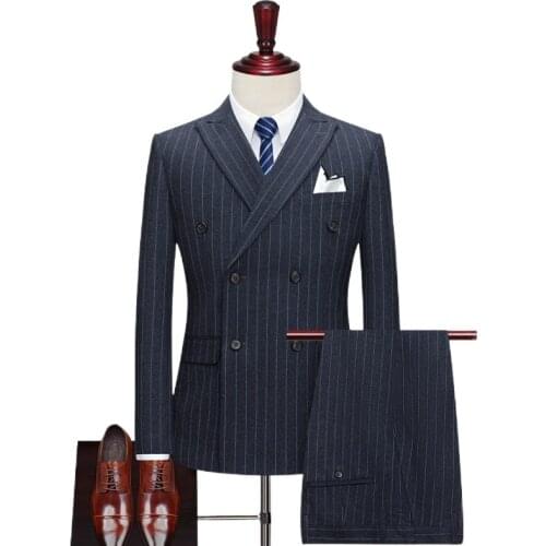 Luxury men double-breasted striped wedding casual tuxedo, British slim suit, 3pcs men quality business social club Costume homme