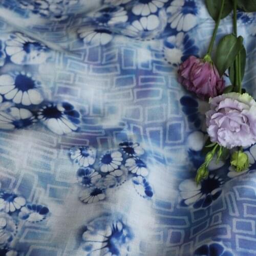 Blue purple light digital printing high-end natural pure ramie fabric,clothing thin summer dress material