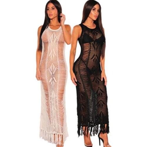 Crochet Tunic Beach Dress Cover-ups Summer Women Beachwear Sexy Hollow Out Knitted Swimsuit Cover Up Beach Maxi Dress