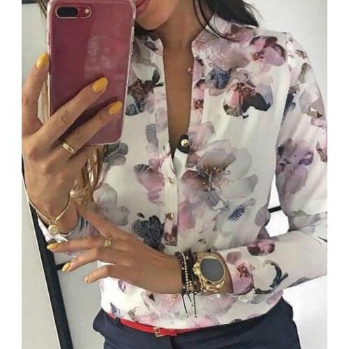 Women Blouses Fashion Office Shirt Floral Printed Shirt Casual Long Sleeve Round Collar Tops Plus Size XL Ladies Tops
