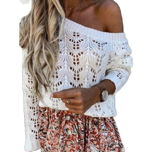 FORERUN Off Shoulder Cut Out Oversized Sweater Knitted Womens Top with Sleeves Solid Lazy Style Spring Fall Pullover