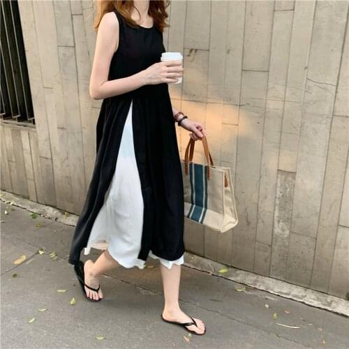 Women Summer White and Black Patchwork Long Chiffon Tank Dress Loose Sleeveless Two Layer Hem Midi Sundress