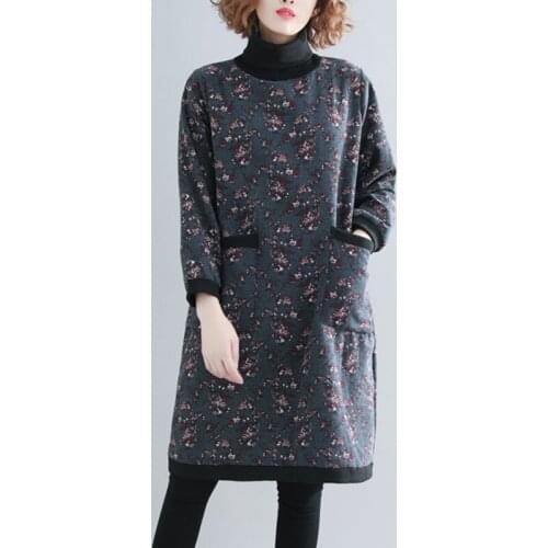 Women Casual Dress New 2020 Autumn Winter Vintage Print Turtleneck Loose Comfortable Female Thick Warm Cotton Dresses S2285