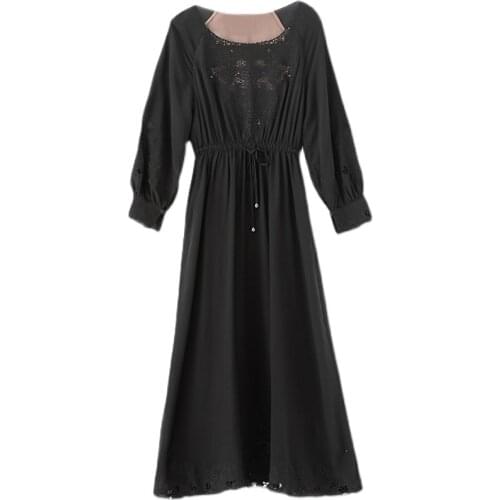 Luxury Dress 2021 Spring Summer Top Quality Silk Dress Women Exquisite Embroidery Drawstring Waist Long Sleeve Vintage Dress 4xl