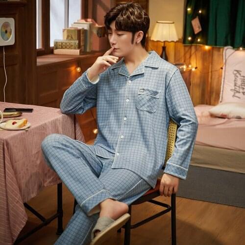 Winter Warm Men Cotton Pajamas Set Simple Blue Plaid Casual Pajamas Loose Large Size Nightwear Fashion V-neck Cardigan Sleepwear