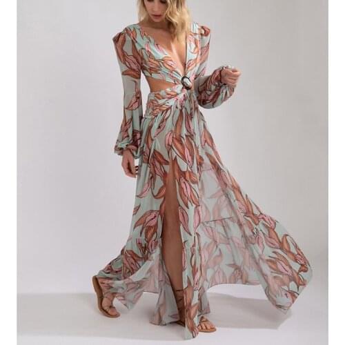 2021 Summer Chiffon Sexy V Neck Hollow Out Long Sleeve Floral Print Women Holiday Dress Boho Casual Slim Split Vestidos 60176