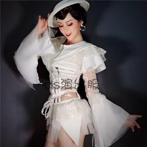 White ValentineS Day Nightclub Bar DS Female Singer Retro Palace Style Lace Trumpet Sleeve Party Performance Clothing DWY4203