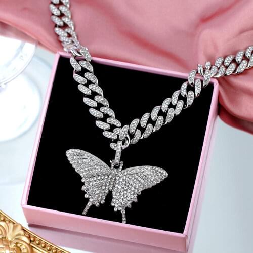 Caraquet Luxury Miami Cuban link Chain Necklaces for Women Bling Rhinestone Big Butterfly Pendant Necklace Fashion New Jewelry