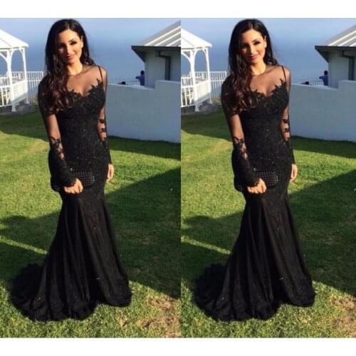 Black Muslim Evening Dresses Mermaid Long Sleeves Appliques Lace Beaded Islamic Dubai Saudi Arabic Long Formal Evening Gown