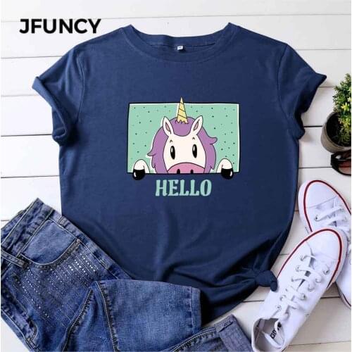 JFUNCY Summer Cotton T-shirts Women Loose Tops Plus Size Loose Woman Tees Unicorn Print Lady Tshirt Short Sleeve Female T Shirt