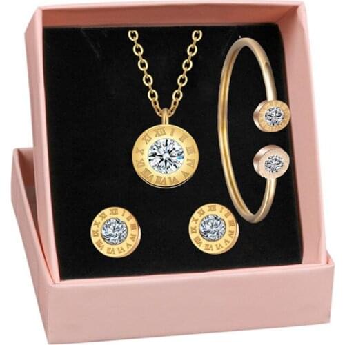 316L Stainless Steel Large Crystal Roman Numeral Necklace Bracelet Earring Set Wedding Jewelry Set Does Not Fading