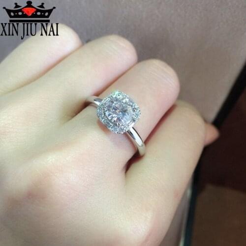 Stone Four-claw Ladder Square Drill 925 Anillos Silver Ring Shiny 2 Carat Round CZ Elegant Beauty Fashion Ring Crystal Jewelry