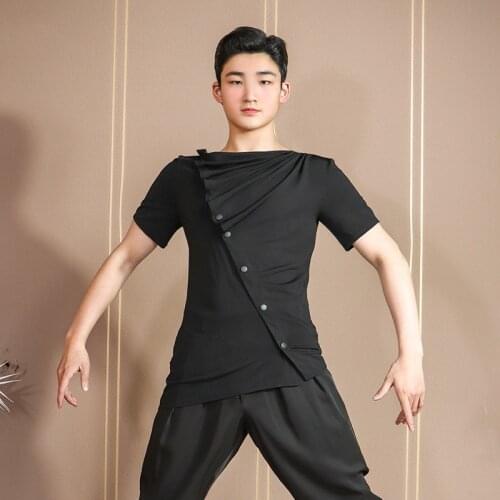 Latin Dancve Tops Adult Male New Short Sleeve Practice Clothes Irregular Black Shirts Modern Cha-Cha Ballroom Dance Wear VDB3595