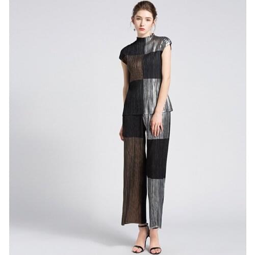 Miyake Pleats Summer New fashion Painting process thin sleeveless Pants matching 2 piece tie dye set T-shirt top suit women 2143